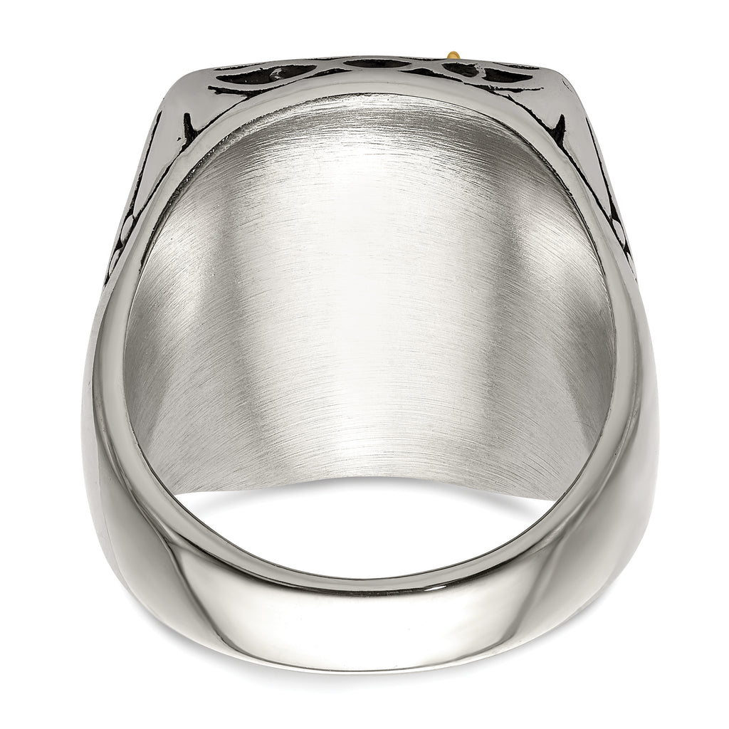Chisel Stainless Steel with 14k Gold Accent Antiqued and Polished Eagle Ring
