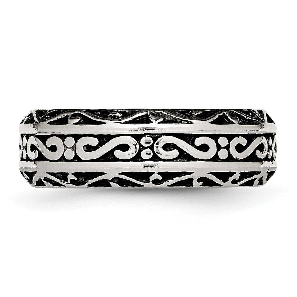 Chisel Stainless Steel Antiqued and Polished Swirl Design 7mm Band