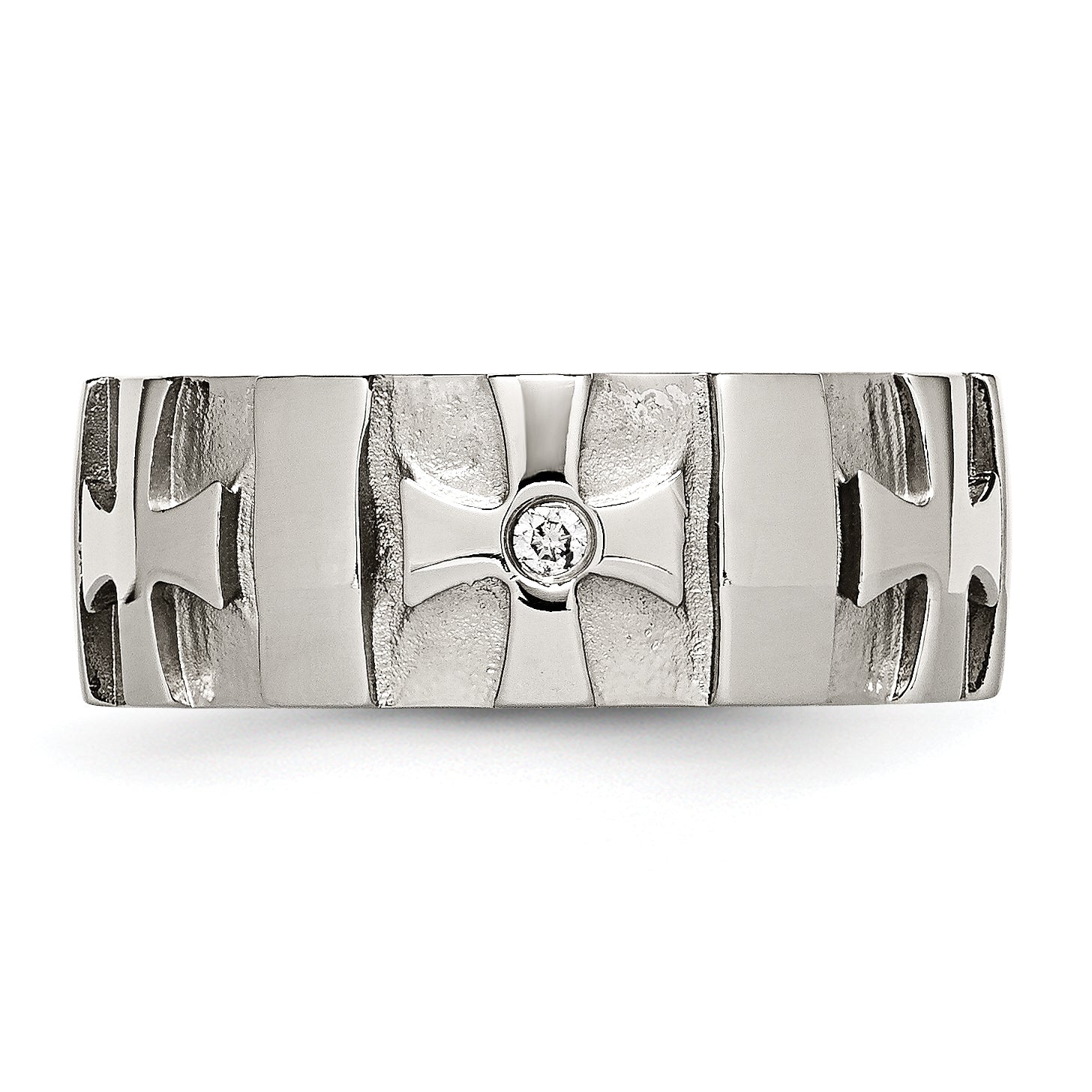 Chisel Stainless Steel Brushed and Polished 3pt Diamond Cross 9mm Band