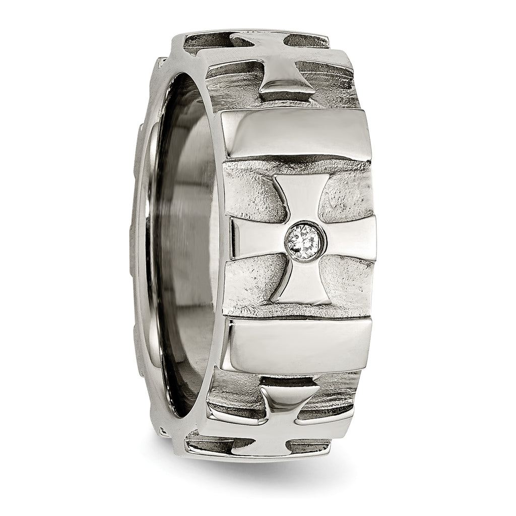 Chisel Stainless Steel Brushed and Polished 3pt Diamond Cross 9mm Band