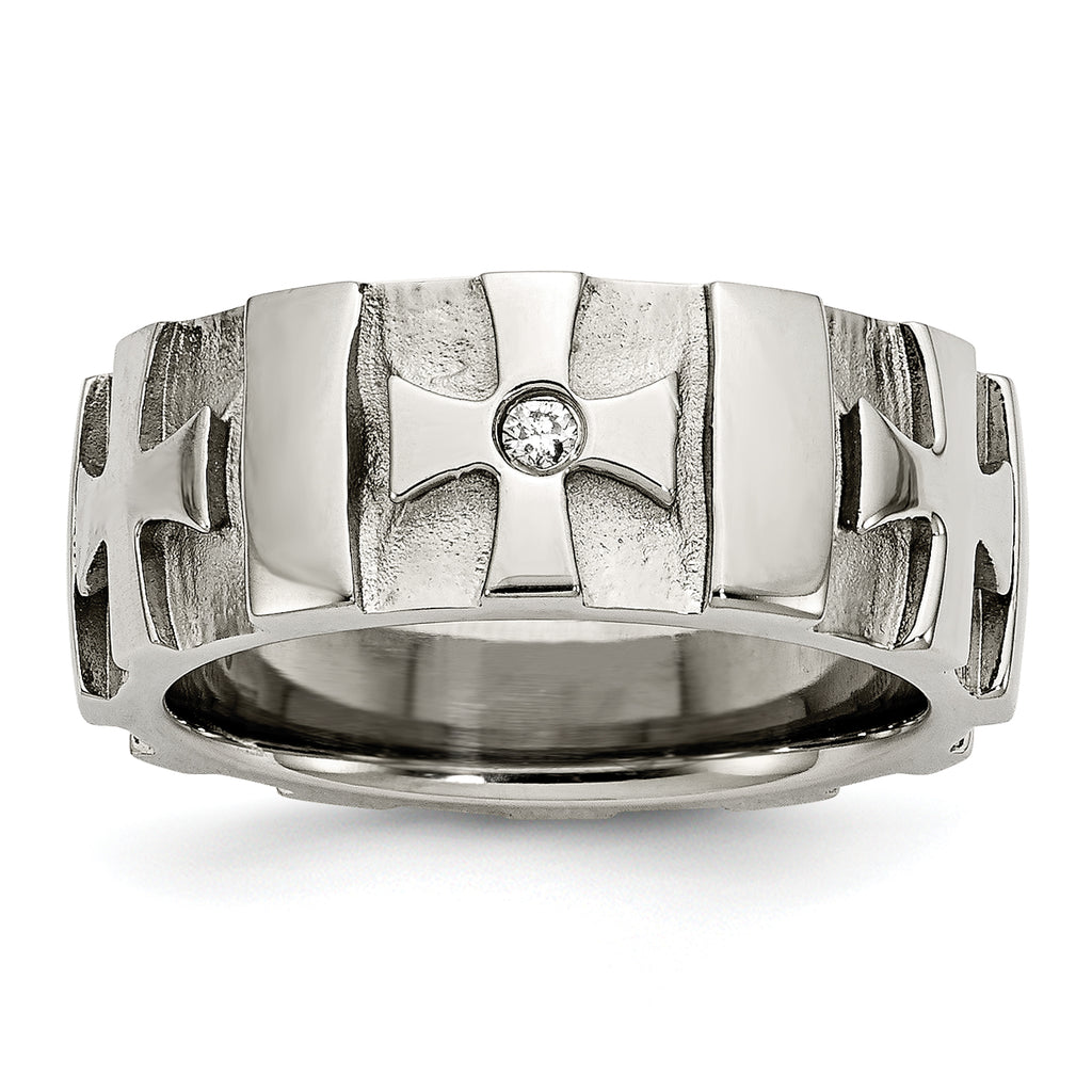 Chisel Stainless Steel Brushed and Polished 3pt Diamond Cross 9mm Band
