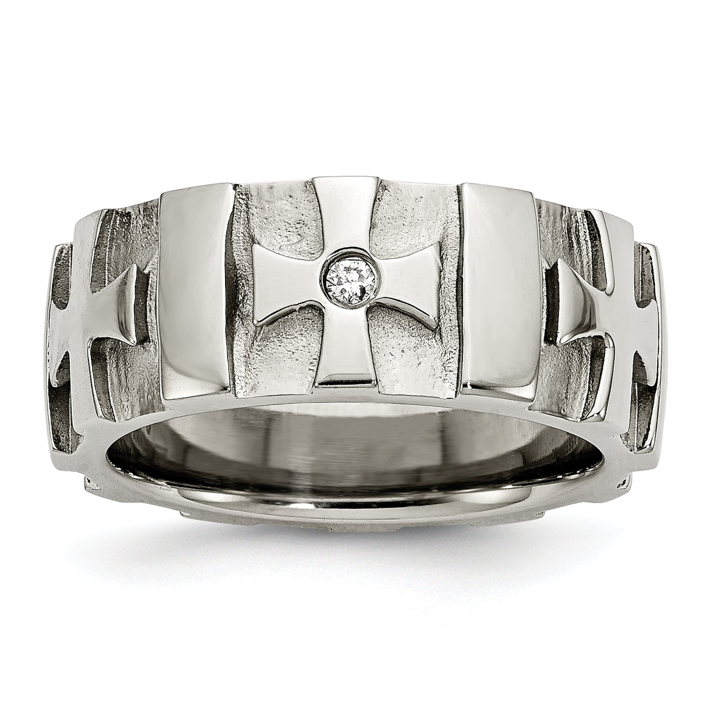 Chisel Stainless Steel Brushed and Polished 3pt Diamond Cross 9mm Band