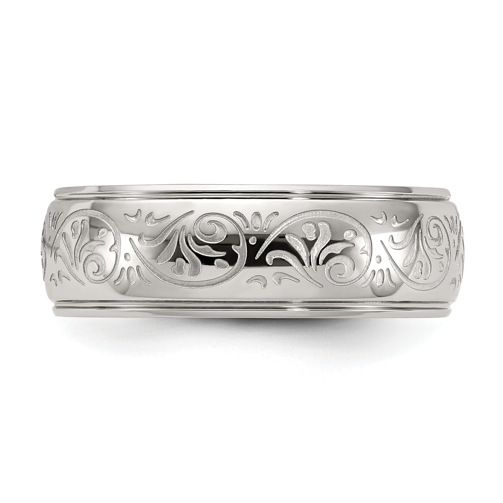 Chisel Stainless Steel Polished Etched Design Ridged Edge 7.5mm Band