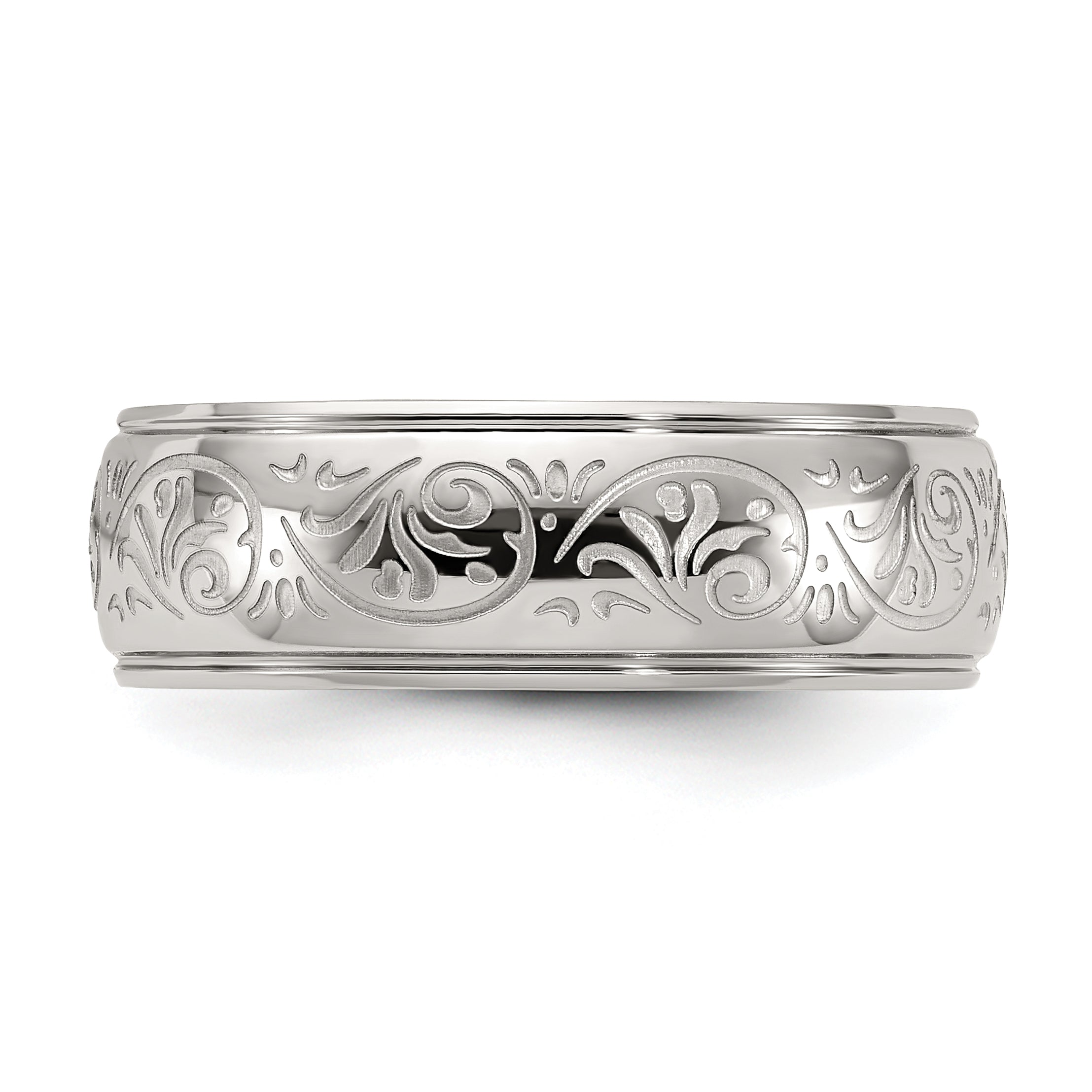 Chisel Stainless Steel Polished Etched Design Ridged Edge 7.5mm Band