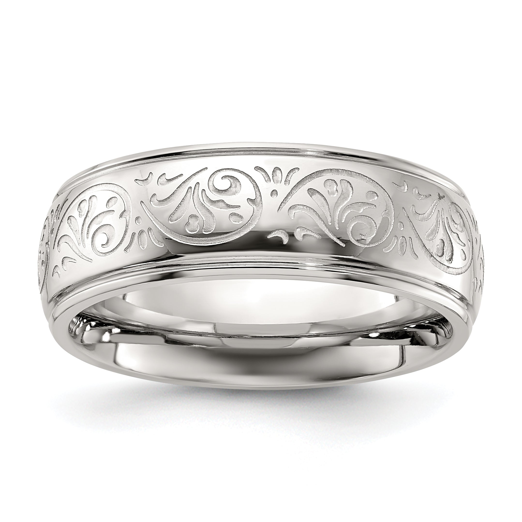 Chisel Stainless Steel Polished Etched Design Ridged Edge 7.5mm Band Main image