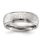 Chisel Stainless Steel Polished Etched Design Ridged Edge 7.5mm Band