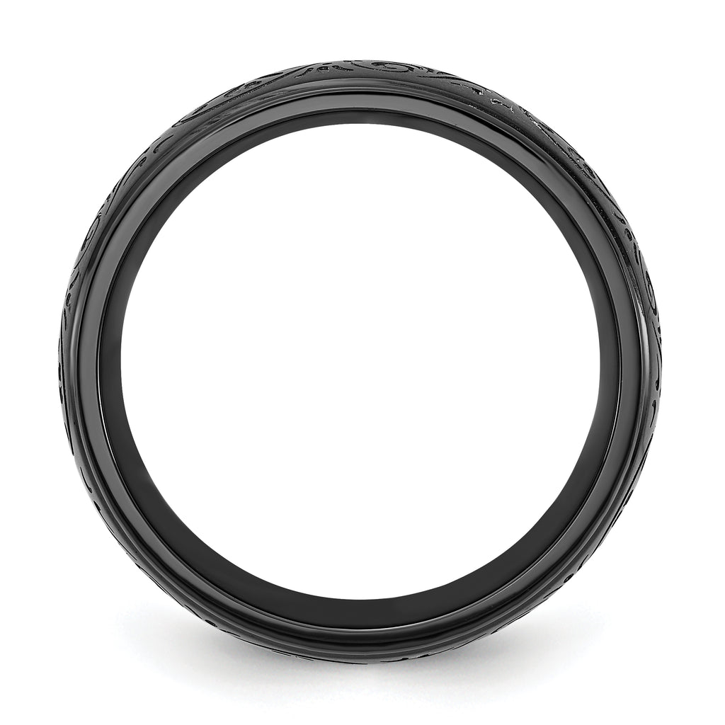 Chisel Stainless Steel Polished Black IP-plated Etched Design Ridged Edge 7.5mm Band