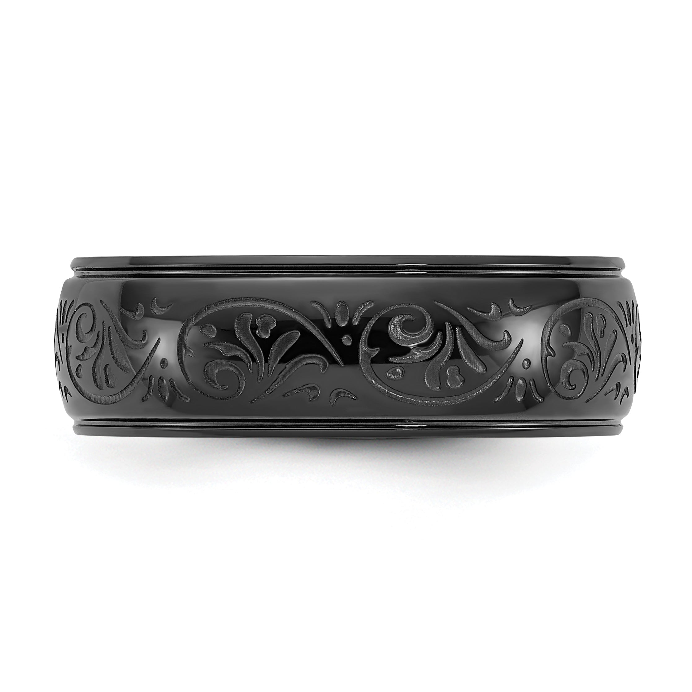 Chisel Stainless Steel Polished Black IP-plated Etched Design Ridged Edge 7.5mm Band