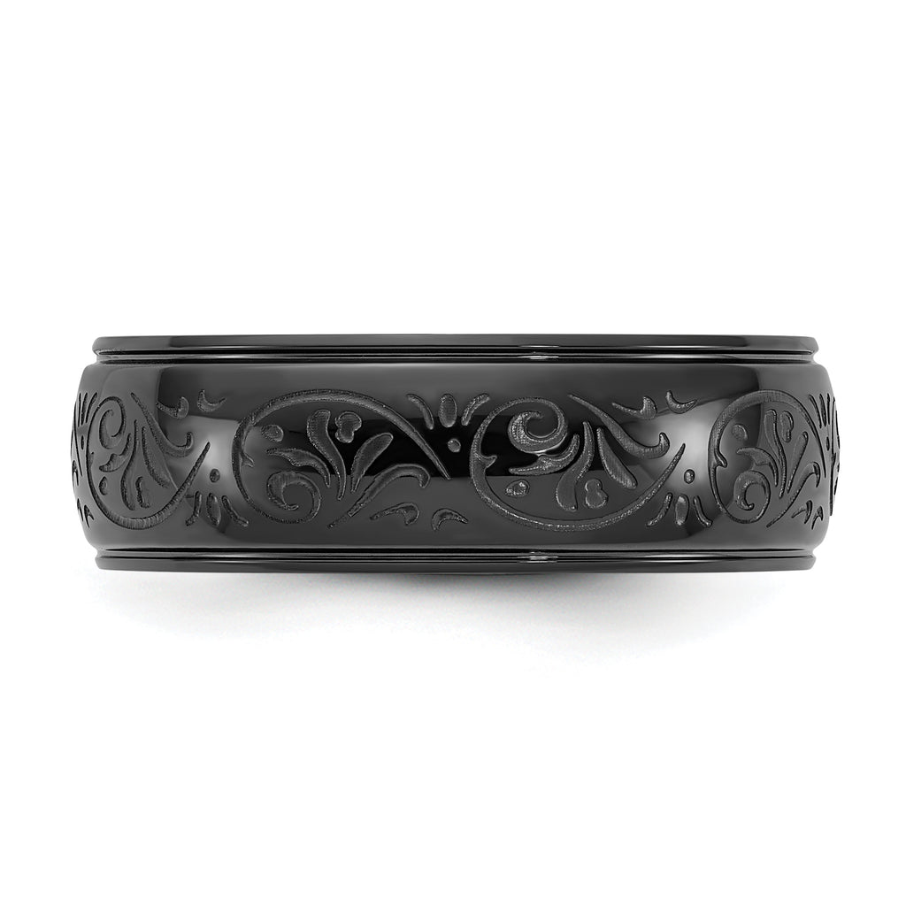 Chisel Stainless Steel Polished Black IP-plated Etched Design Ridged Edge 7.5mm Band