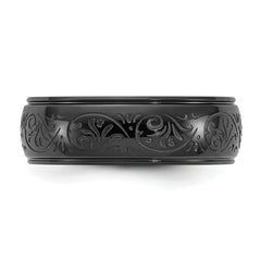 Chisel Stainless Steel Polished Black IP-plated Etched Design Ridged Edge 7.5mm Band