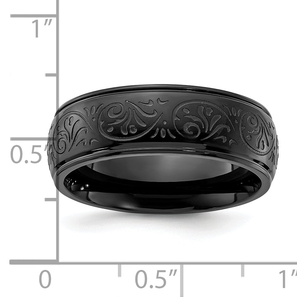 Chisel Stainless Steel Polished Black IP-plated Etched Design Ridged Edge 7.5mm Band