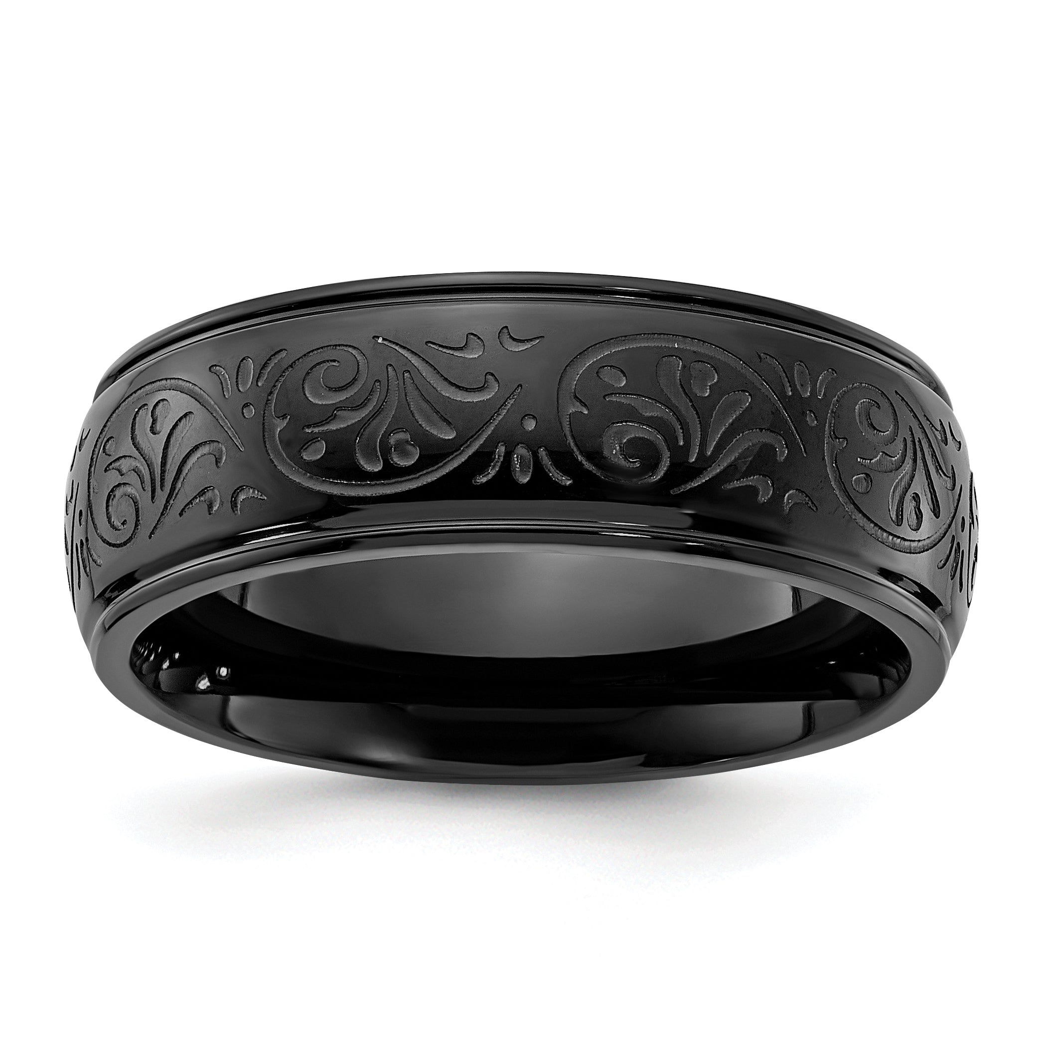 Chisel Stainless Steel Polished Black IP-plated Etched Design Ridged Edge 7.5mm Band Main image