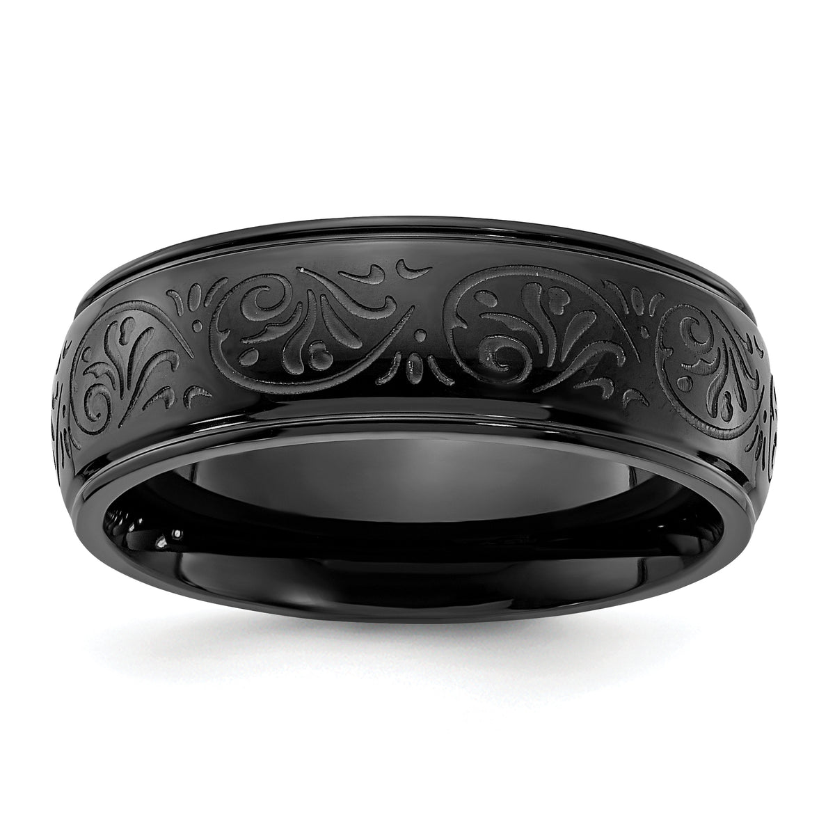Chisel Stainless Steel Polished Black IP-plated Etched Design Ridged Edge 7.5mm Band