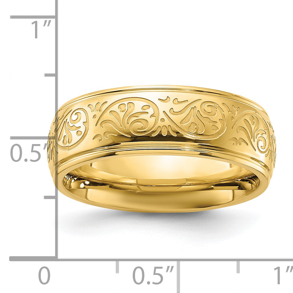 Chisel Stainless Steel Polished Yellow IP-plated Etched Design Ridged Edge 7.5mm Band