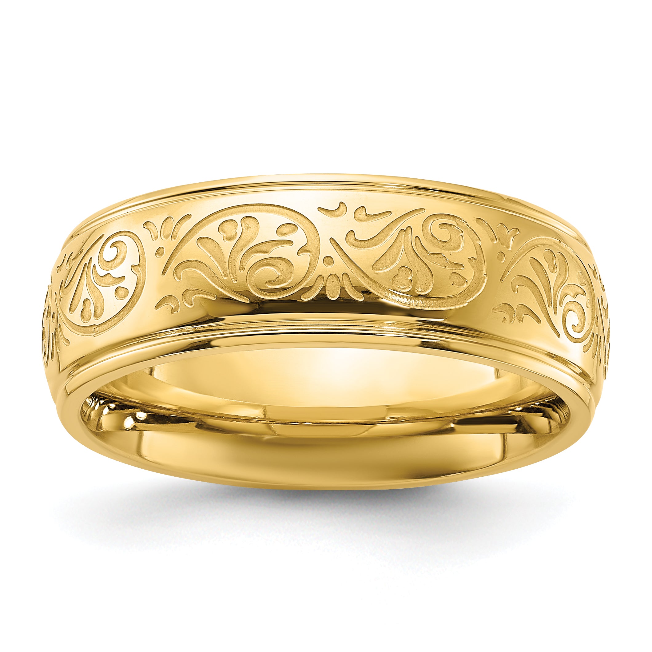 Chisel Stainless Steel Polished Yellow IP-plated Etched Design Ridged Edge 7.5mm Band Main image