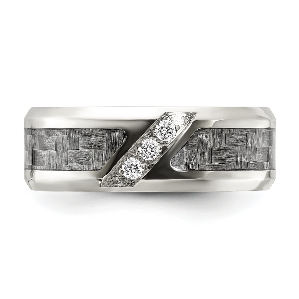 Chisel Stainless Steel Polsihed with Gray Carbon Fiber Inlay and CZ 8mm Band