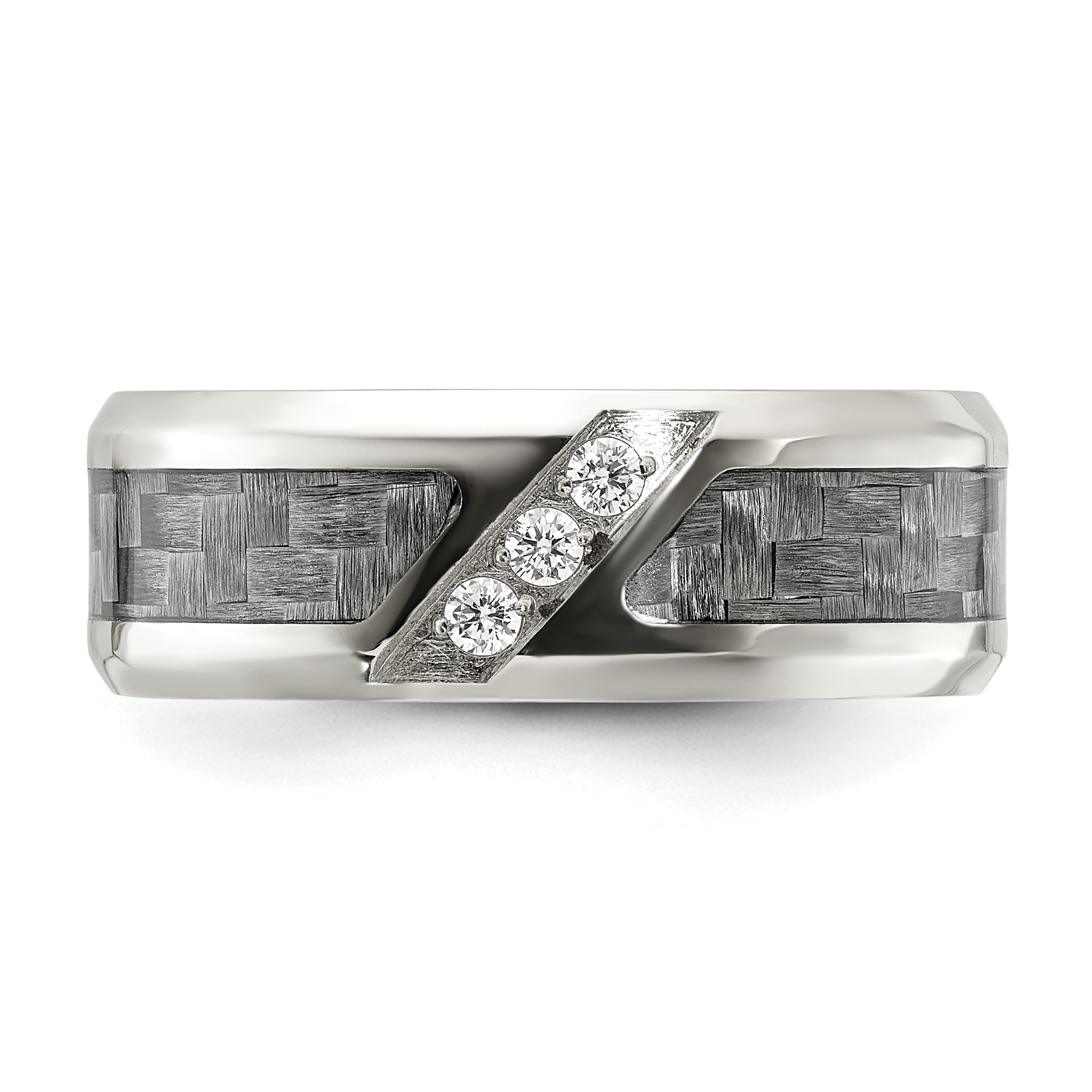 Chisel Stainless Steel Polsihed with Gray Carbon Fiber Inlay and CZ 8mm Band
