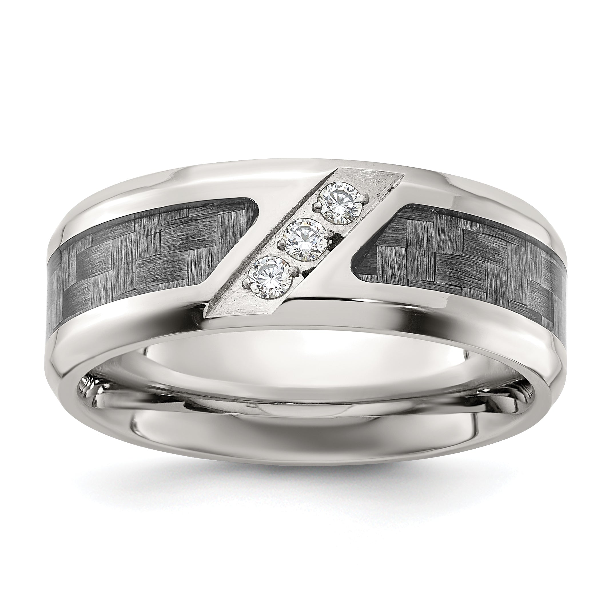 Chisel Stainless Steel Polsihed with Gray Carbon Fiber Inlay and CZ 8mm Band