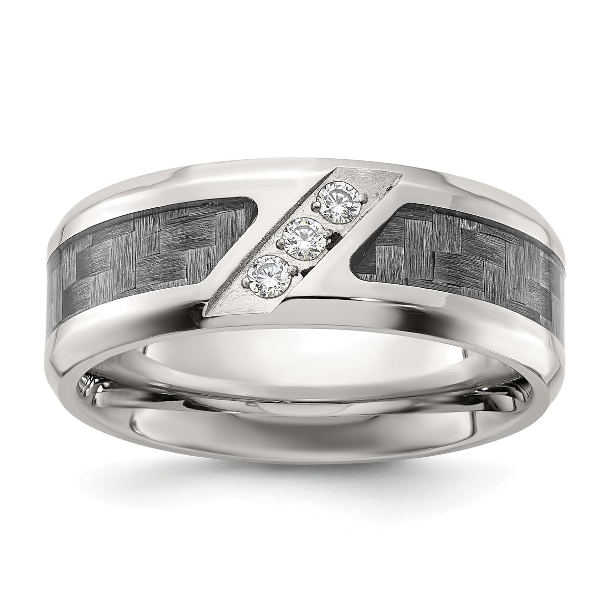 Carbon Fiber Inlay & Cubic Zirconia Wedding Band in Stainless Steel, 8mm, Size 7–13 - Sophia Jewelers Main image