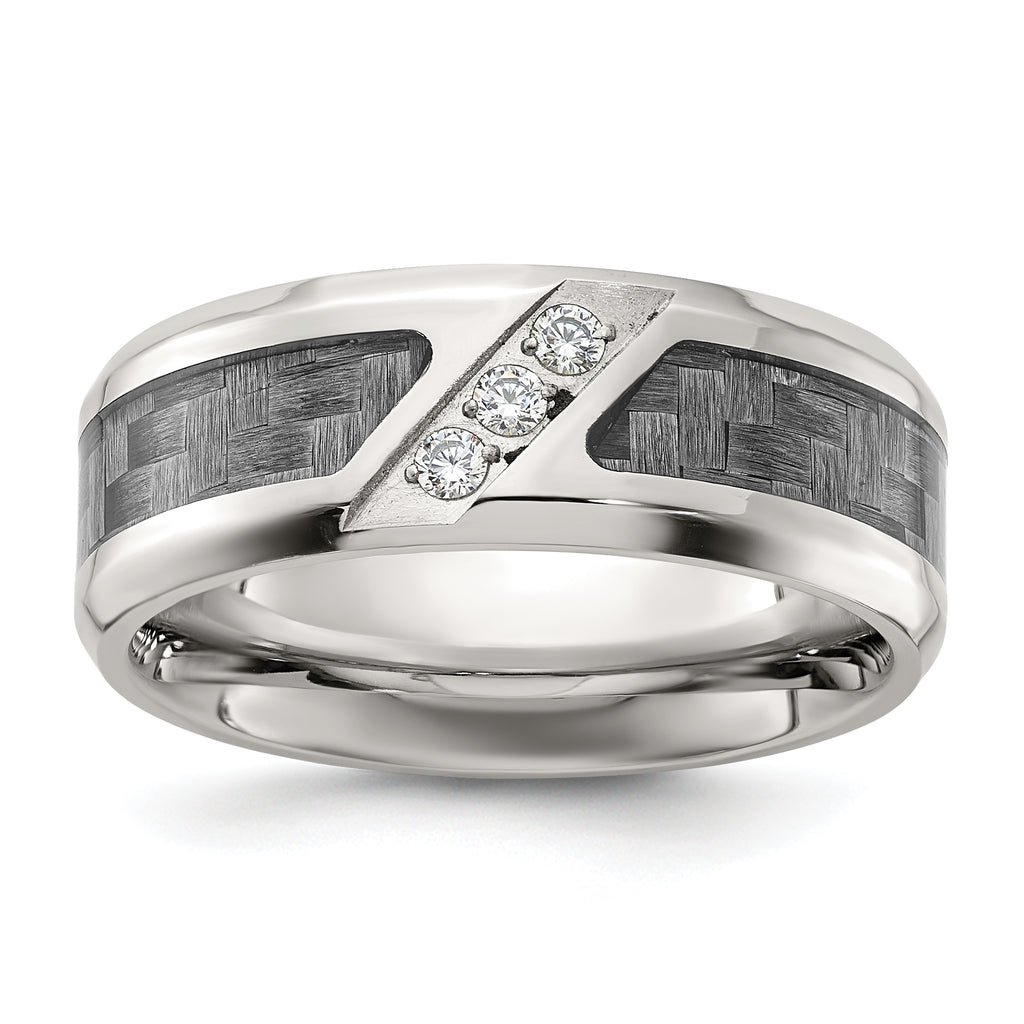 Chisel Stainless Steel Polsihed with Gray Carbon Fiber Inlay and CZ 8mm Band
