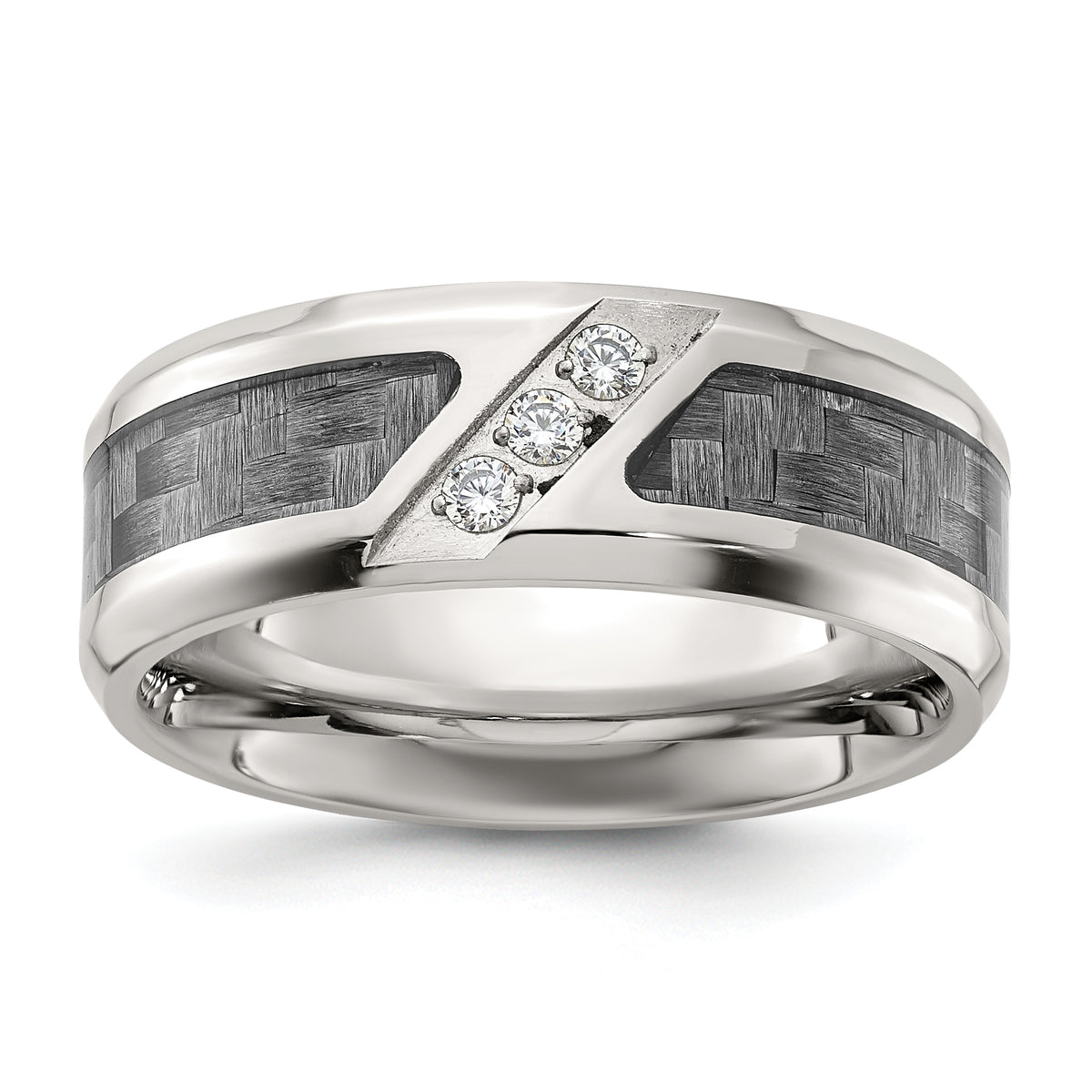 Chisel Stainless Steel Polsihed with Gray Carbon Fiber Inlay and CZ 8mm Band