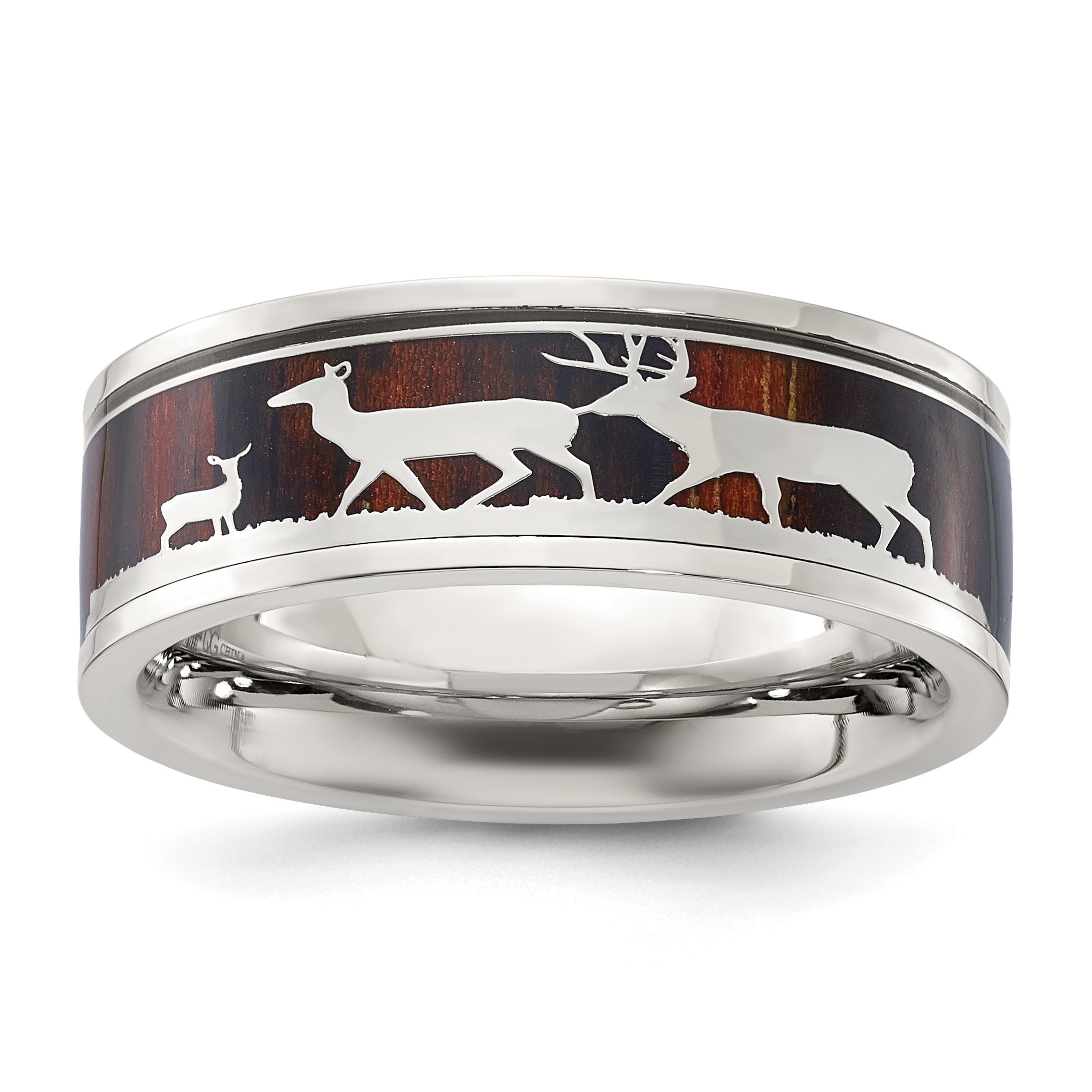 Chisel Stainless Steel Polished with Wood Inlay Deer Design 8mm Band Main image