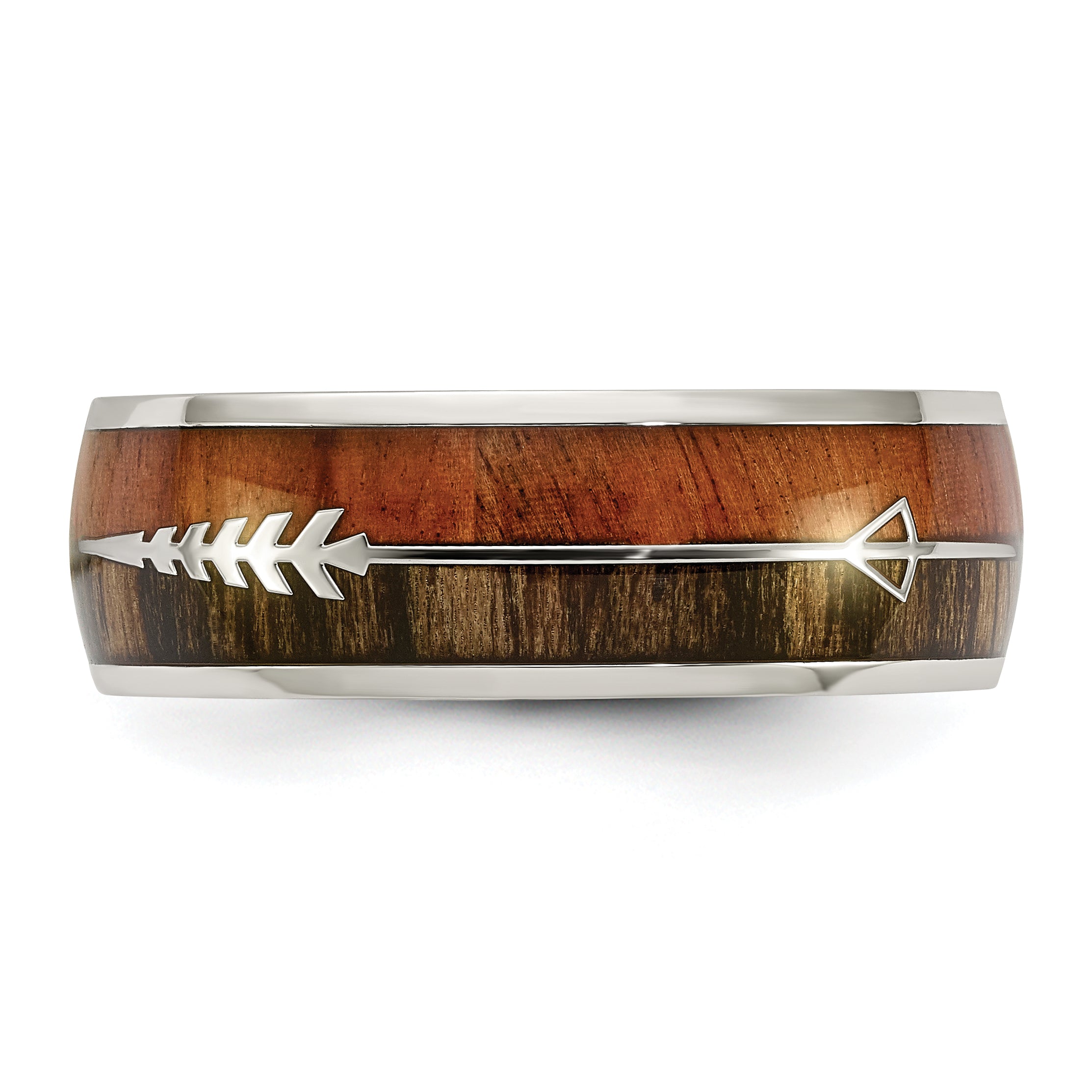 Chisel Stainless Steel Polished with Wood Inlay Arrow 8mm Band