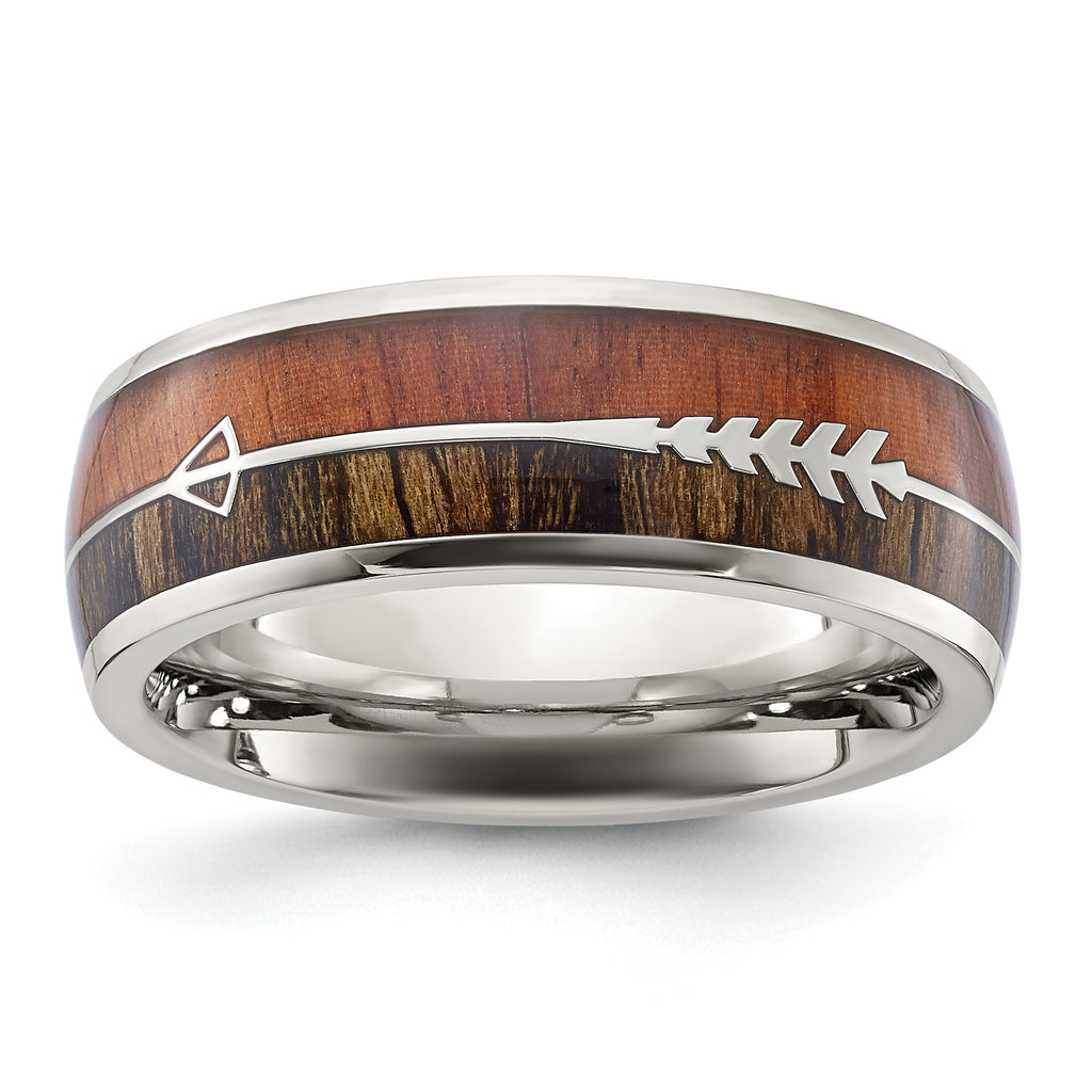 Chisel Stainless Steel Polished with Wood Inlay Arrow 8mm Band