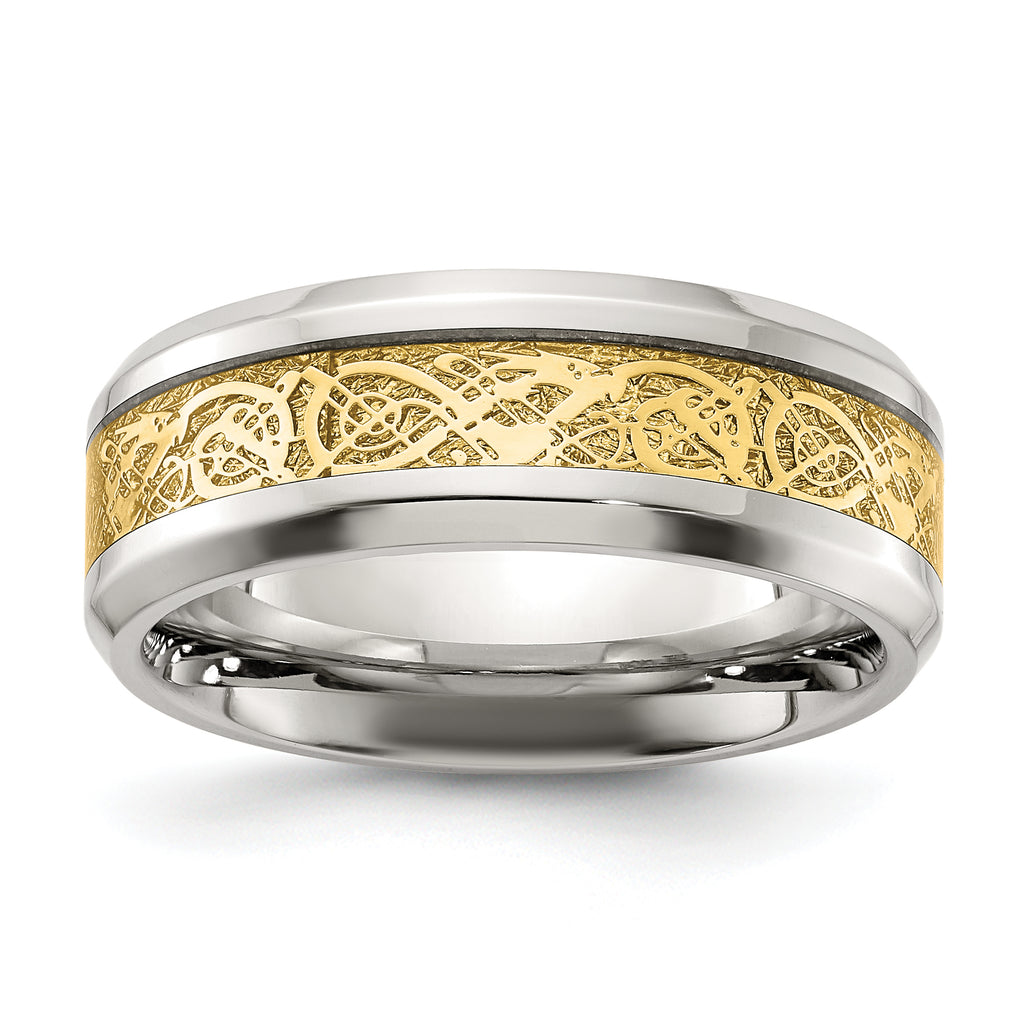 Chisel Stainless Steel Polished with Yellow IP-plated Inlay Design 8mm Band
