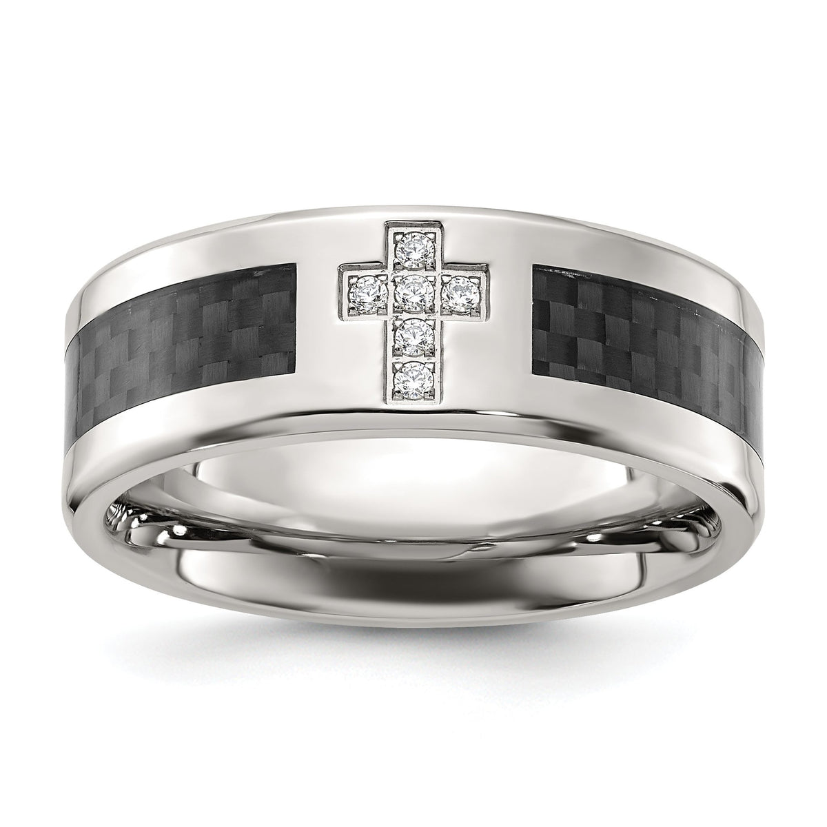 Cubic Zirconia Cross Carbon Fiber Inlay Wedding Band in Stainless Steel, 8mm, Size 7–13 - Sophia Jewelers Main image