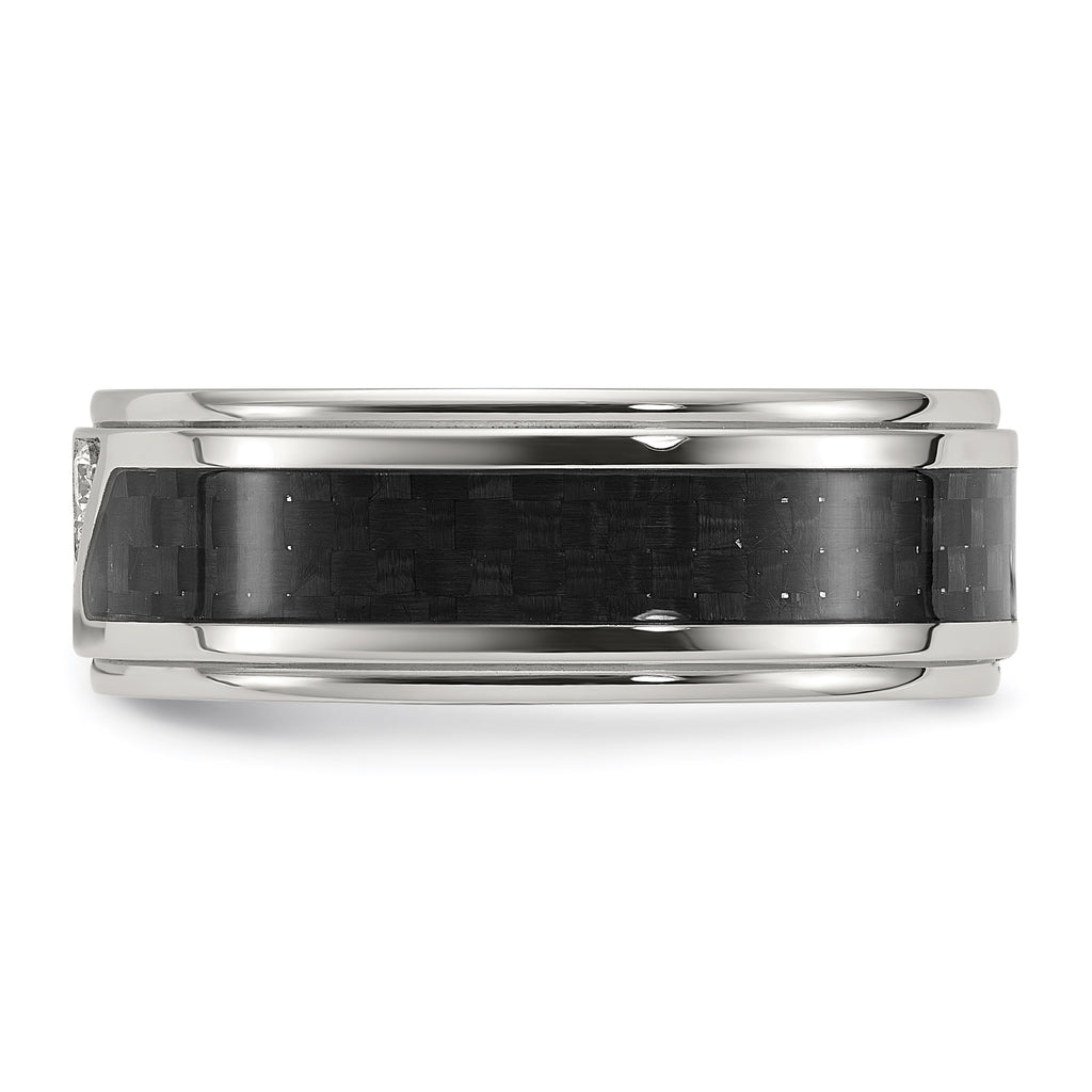 Chisel Stainless Steel Polished with Black Carbon Fiber Inlay and CZ 8mm Band