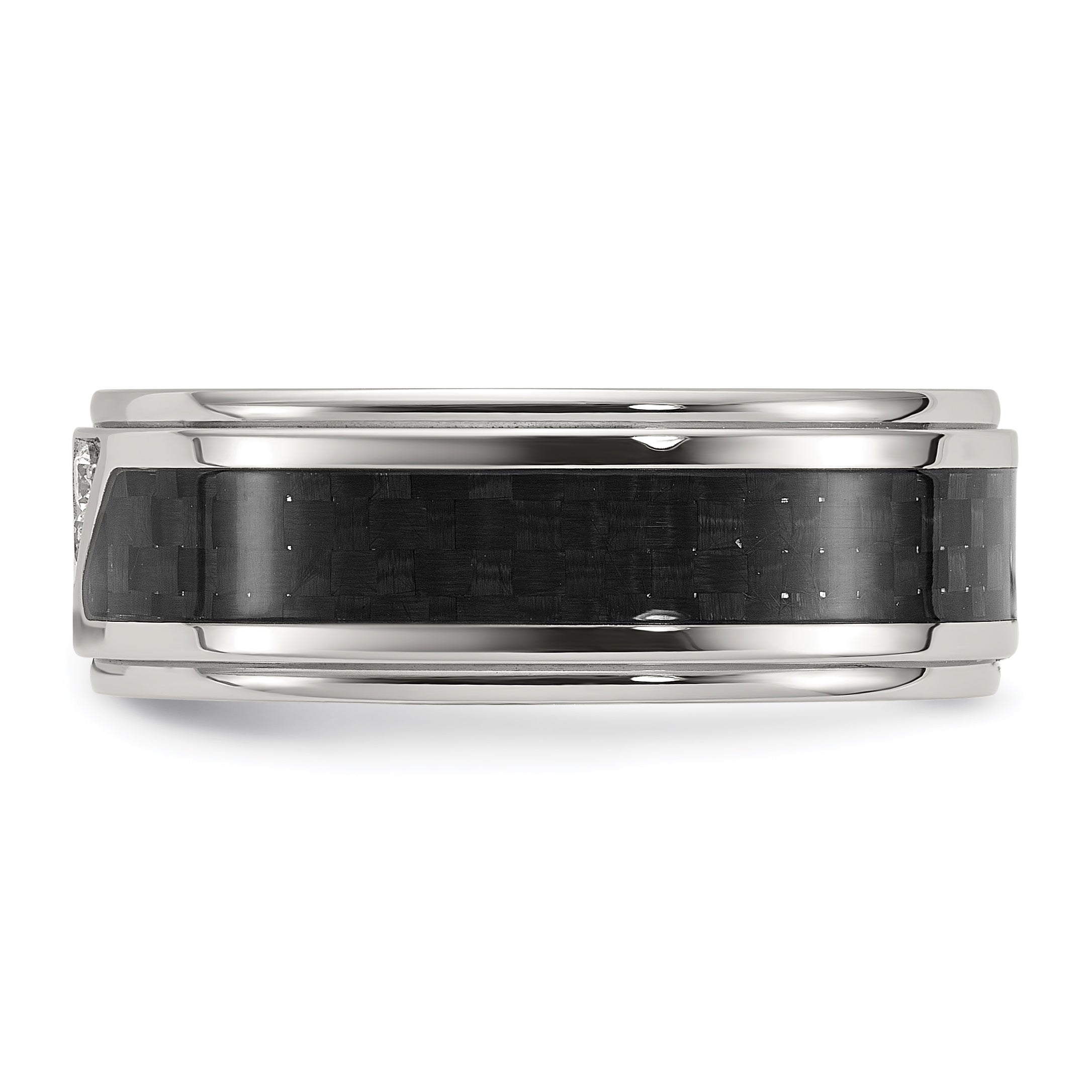 Chisel Stainless Steel Polished with Black Carbon Fiber Inlay and CZ 8mm Band