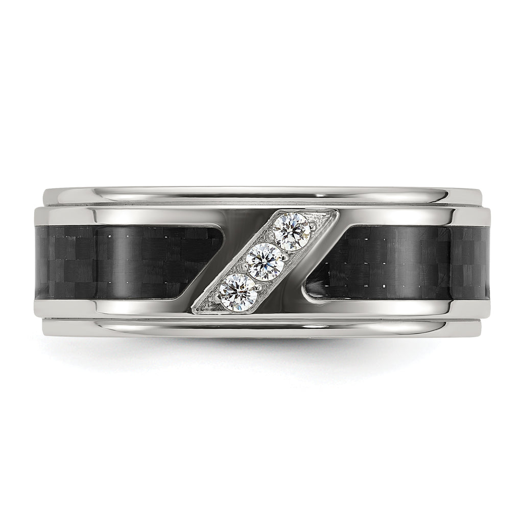 Chisel Stainless Steel Polished with Black Carbon Fiber Inlay and CZ 8mm Band