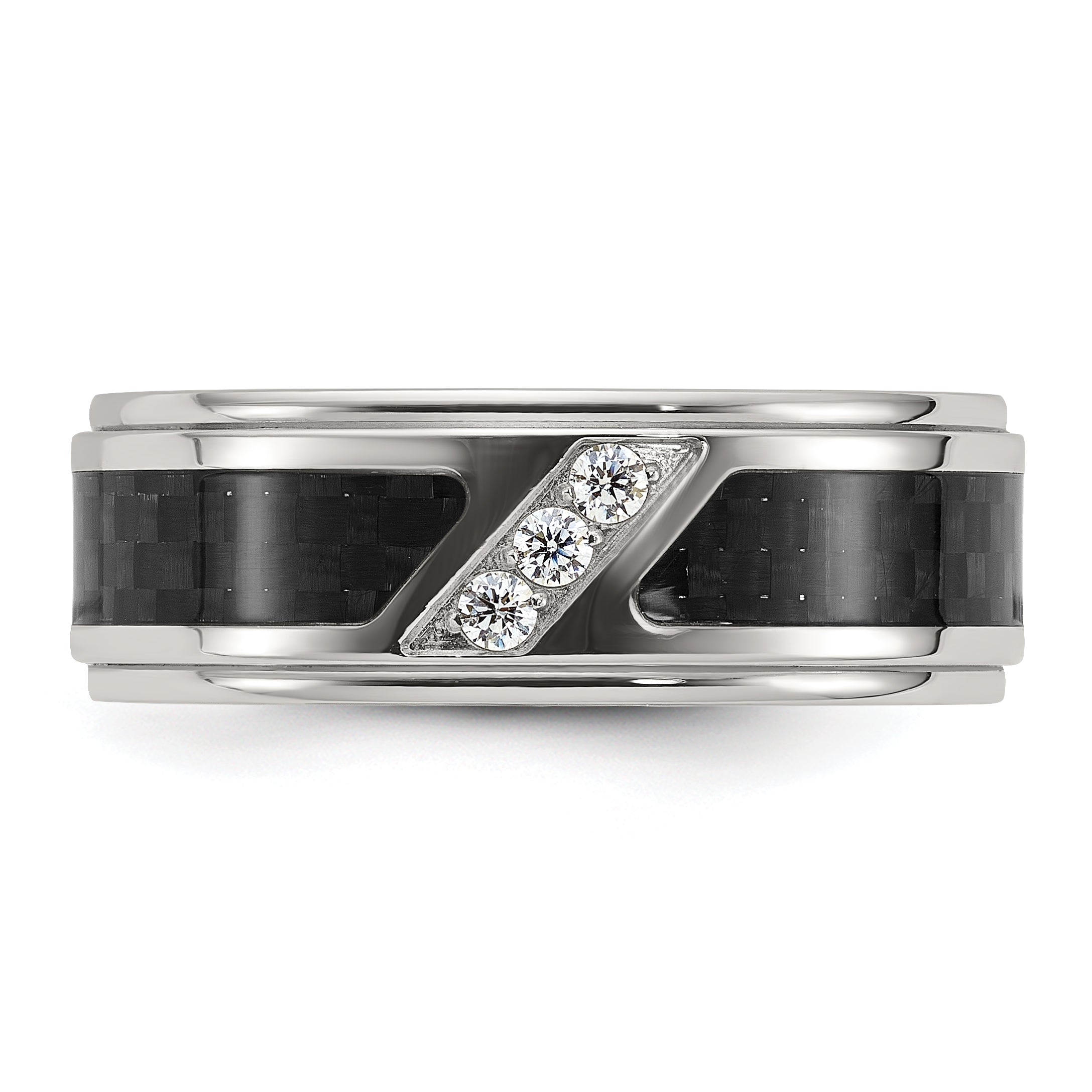 Chisel Stainless Steel Polished with Black Carbon Fiber Inlay and CZ 8mm Band