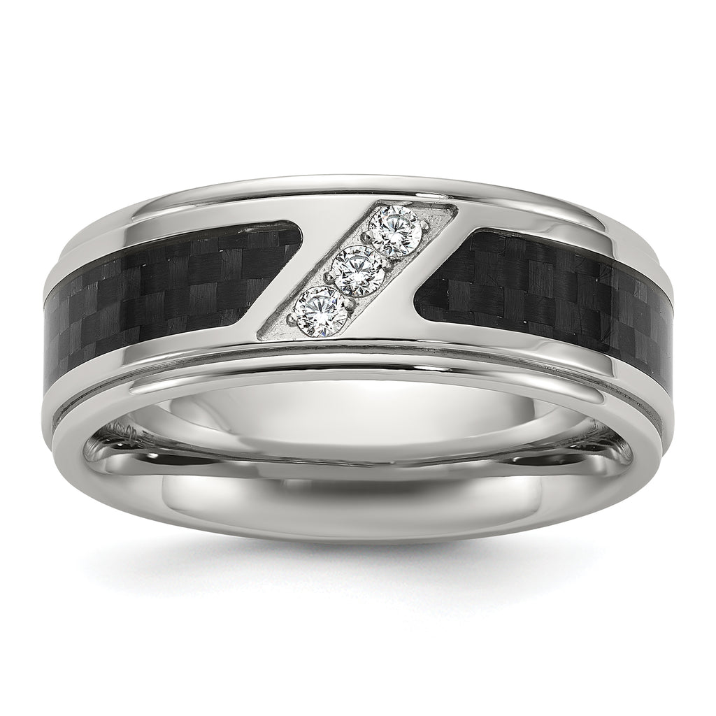 Chisel Stainless Steel Polished with Black Carbon Fiber Inlay and CZ 8mm Band