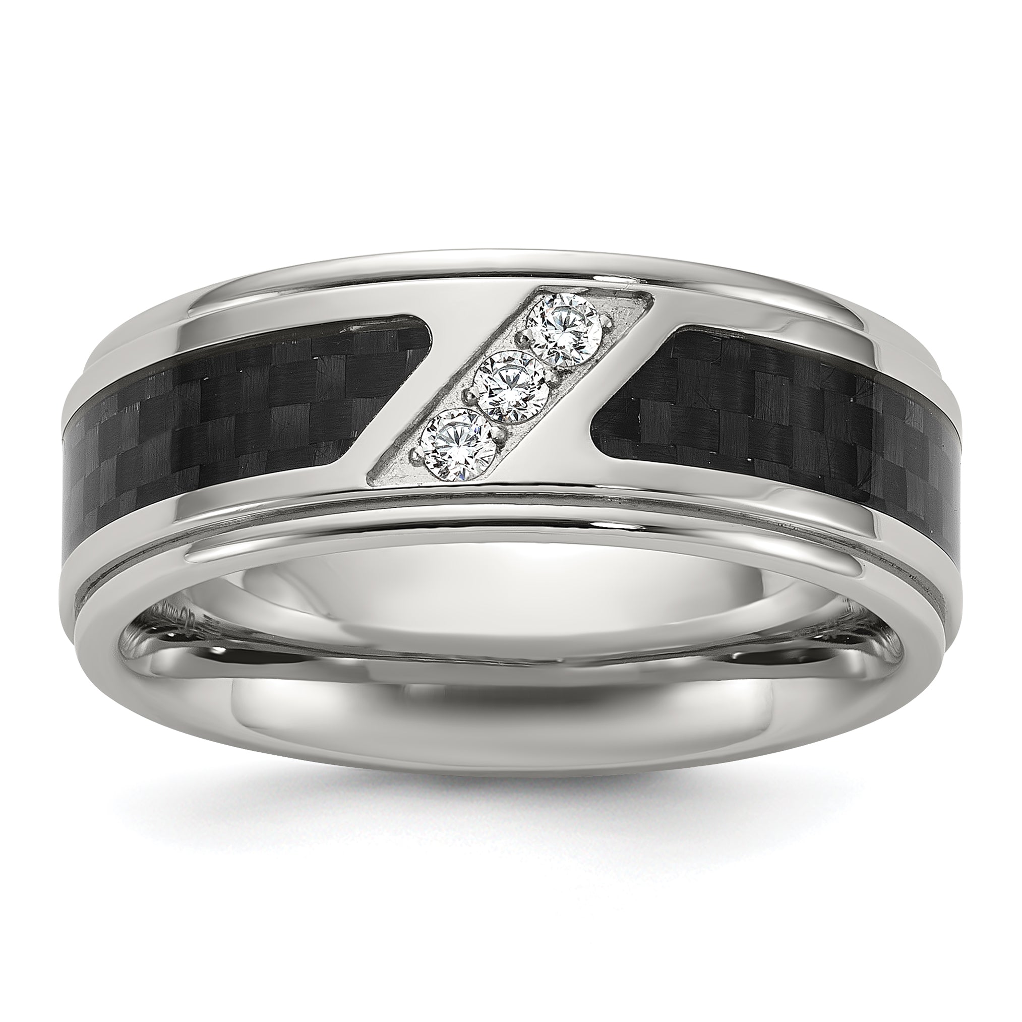 Chisel Stainless Steel Polished with Black Carbon Fiber Inlay and CZ 8mm Band