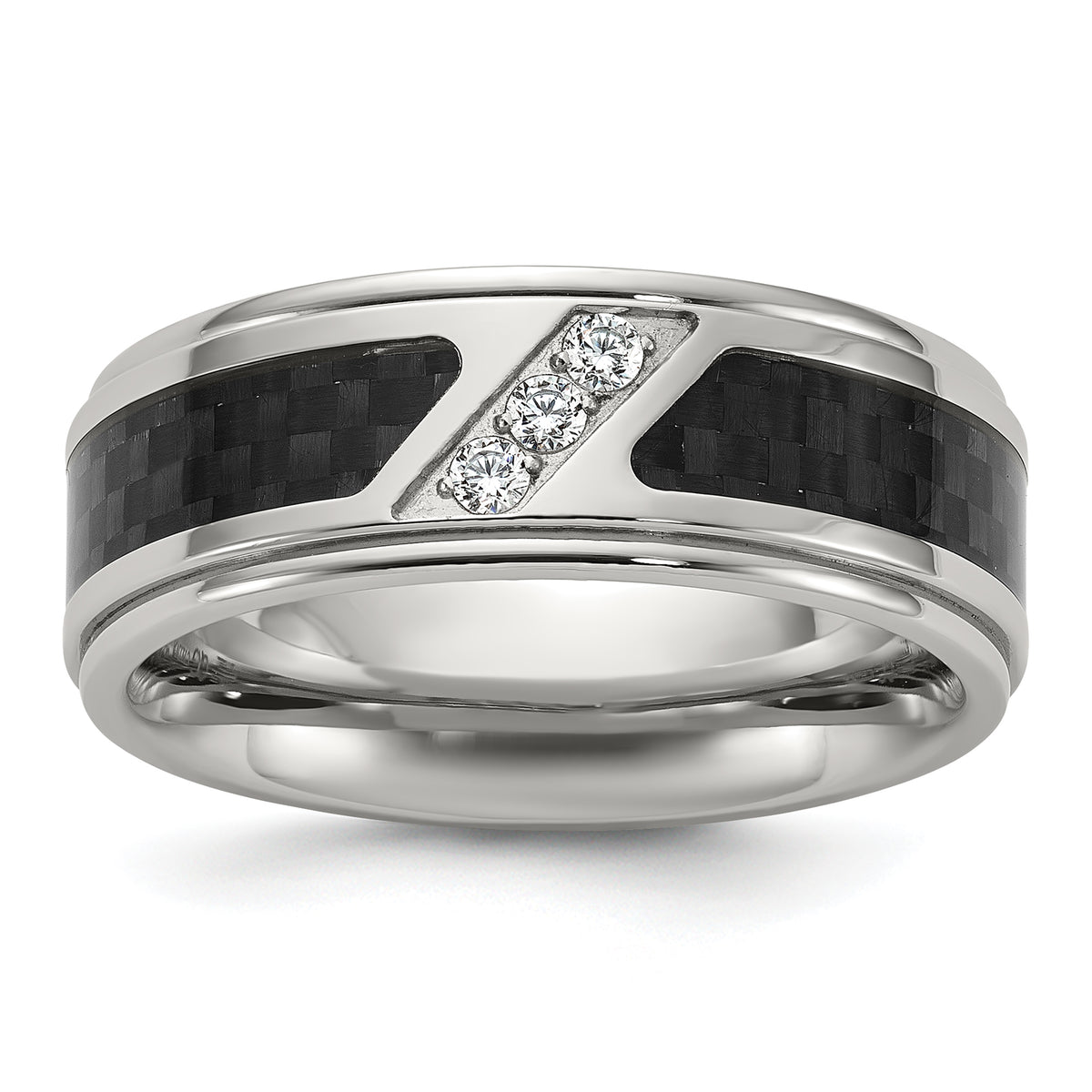Chisel Stainless Steel Polished with Black Carbon Fiber Inlay and CZ 8mm Band