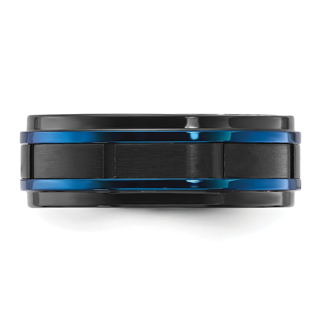 Chisel Stainless Steel Polished with Brushed Center Black and Blue IP-plated 8mm Band