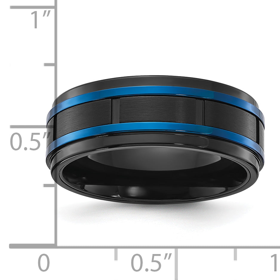 Chisel Stainless Steel Polished with Brushed Center Black and Blue IP-plated 8mm Band