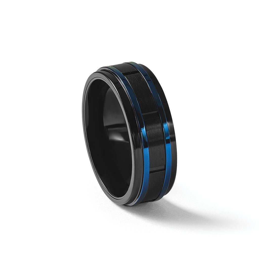 Chisel Stainless Steel Polished with Brushed Center Black and Blue IP-plated 8mm Band
