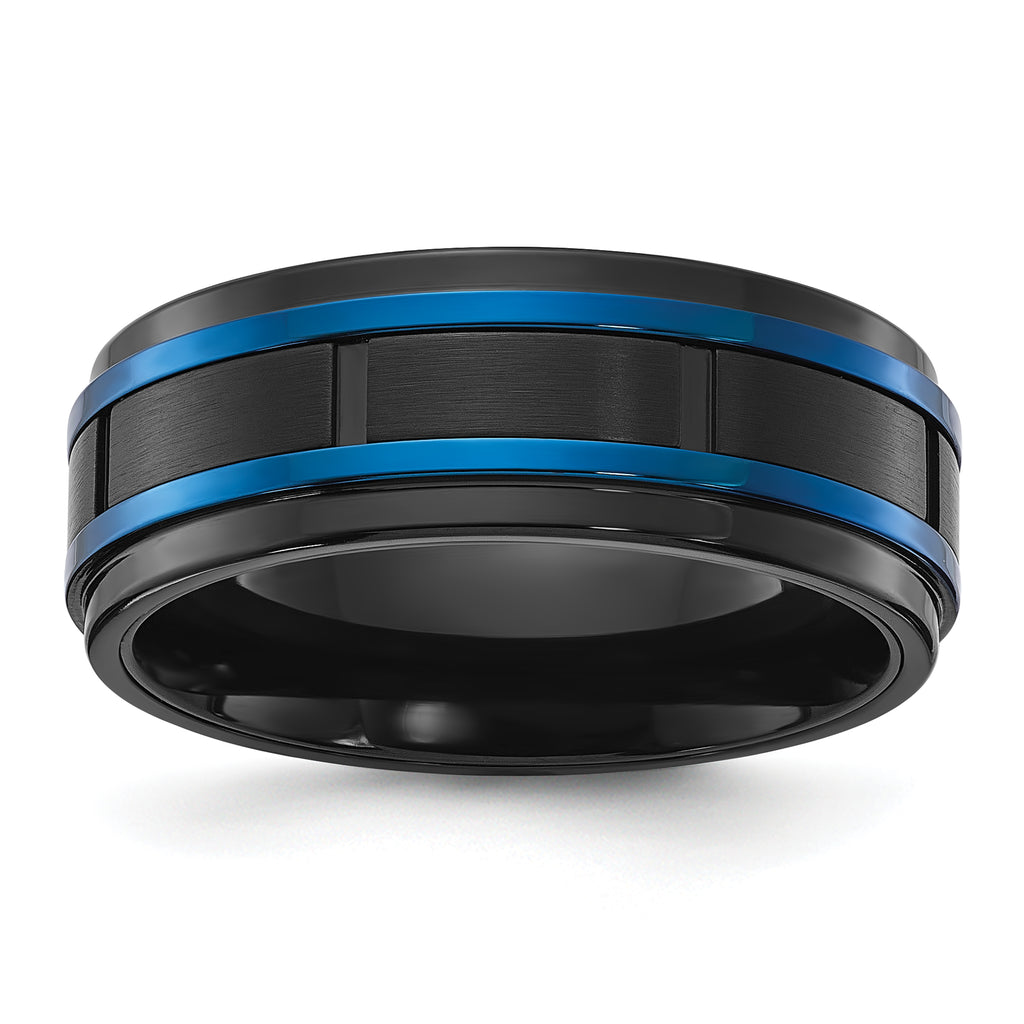 Chisel Stainless Steel Polished with Brushed Center Black and Blue IP-plated 8mm Band