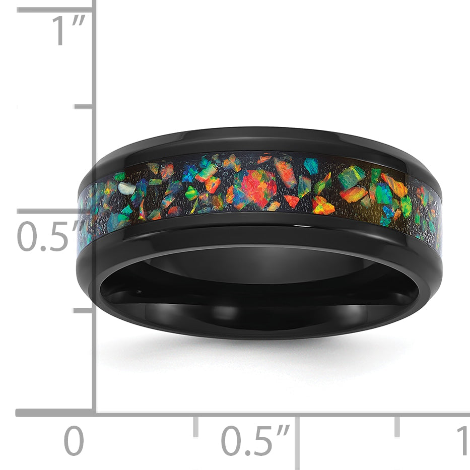 Chisel Stainless Steel Polished Black IP-plated Multi-color Opal Inlay 8mm Band