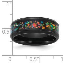 Chisel Stainless Steel Polished Black IP-plated Multi-color Opal Inlay 8mm Band