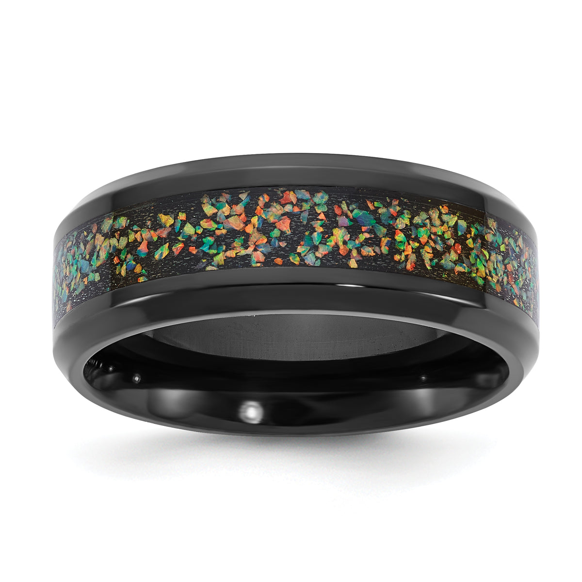 Chisel Stainless Steel Polished Black IP-plated Multi-color Opal Inlay 8mm Band