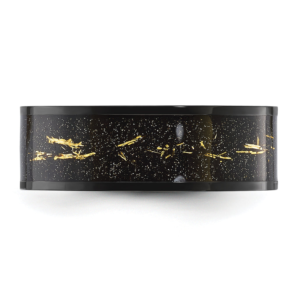 Chisel Stainless Steel Polished Black IP-plated Black and Gold Foil Inlay 8mm Band