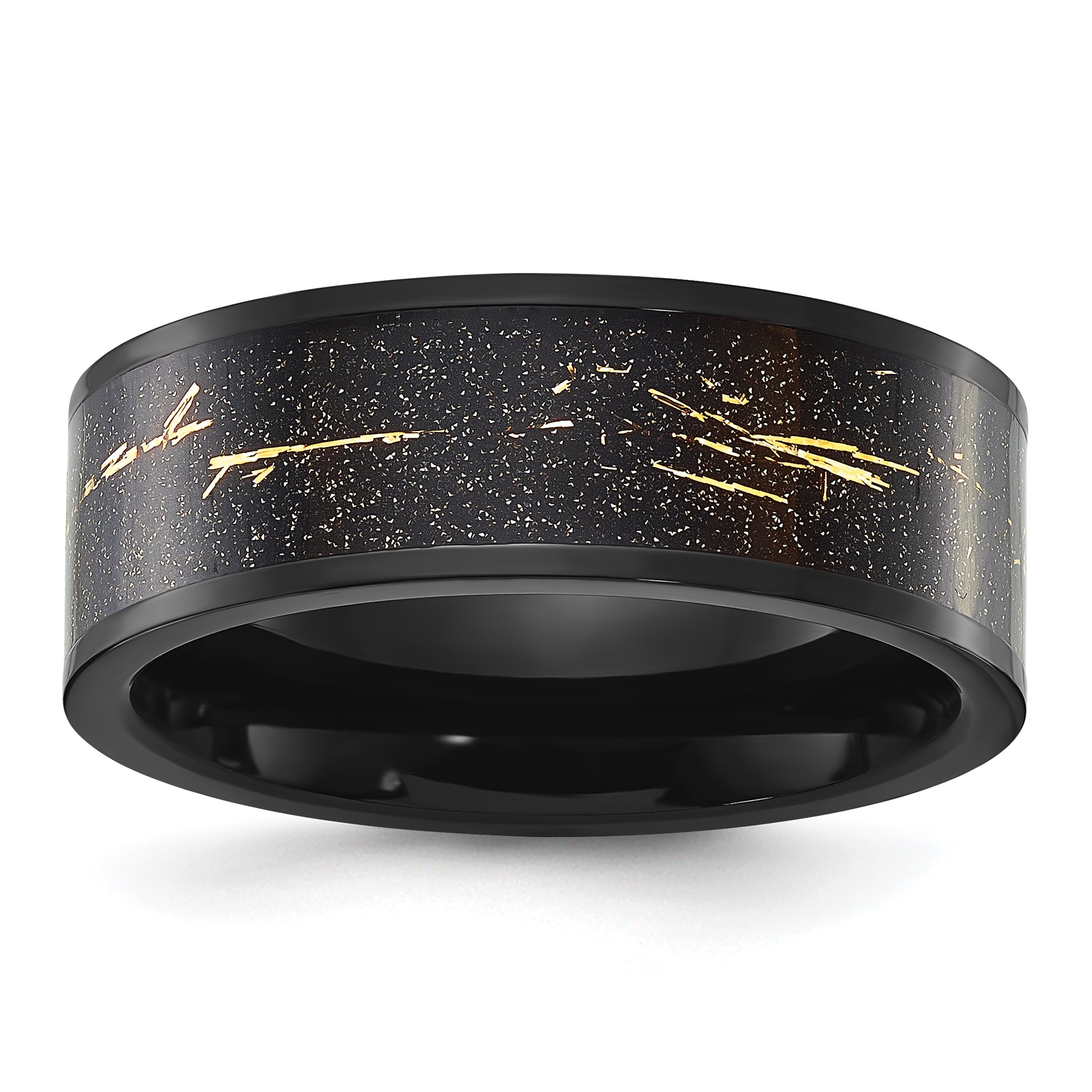 Chisel Stainless Steel Polished Black IP-plated Black and Gold Foil Inlay 8mm Band Main image