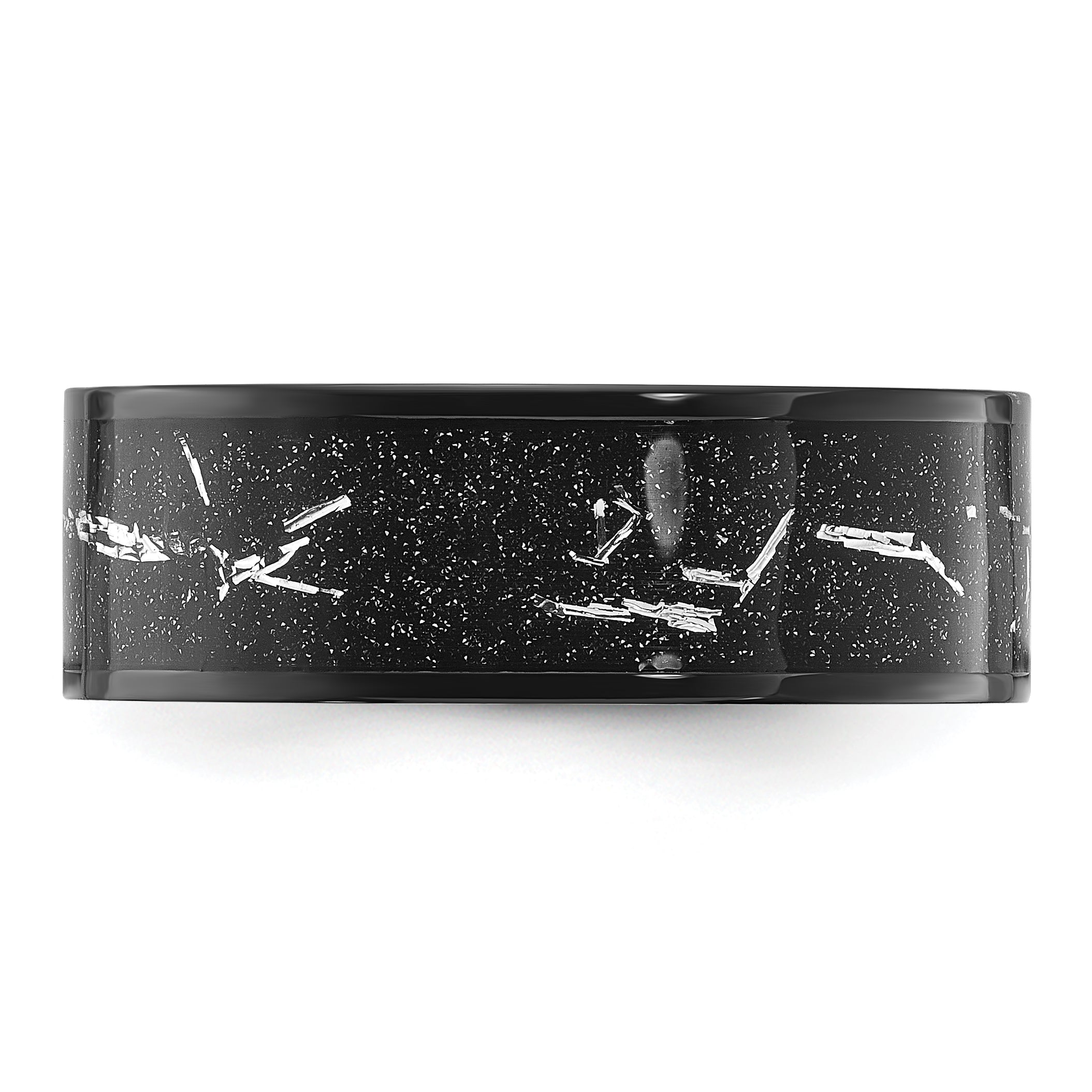 Chisel Stainless Steel Polished Black IP-plated Black and Silver Foil Inlay 8mm Band