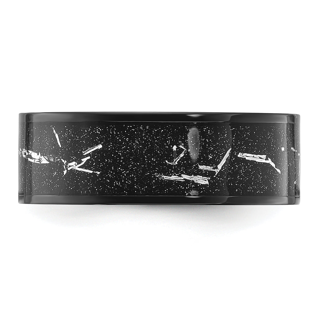 Chisel Stainless Steel Polished Black IP-plated Black and Silver Foil Inlay 8mm Band