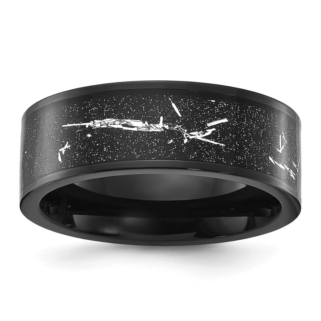 Chisel Stainless Steel Polished Black IP-plated Black and Silver Foil Inlay 8mm Band