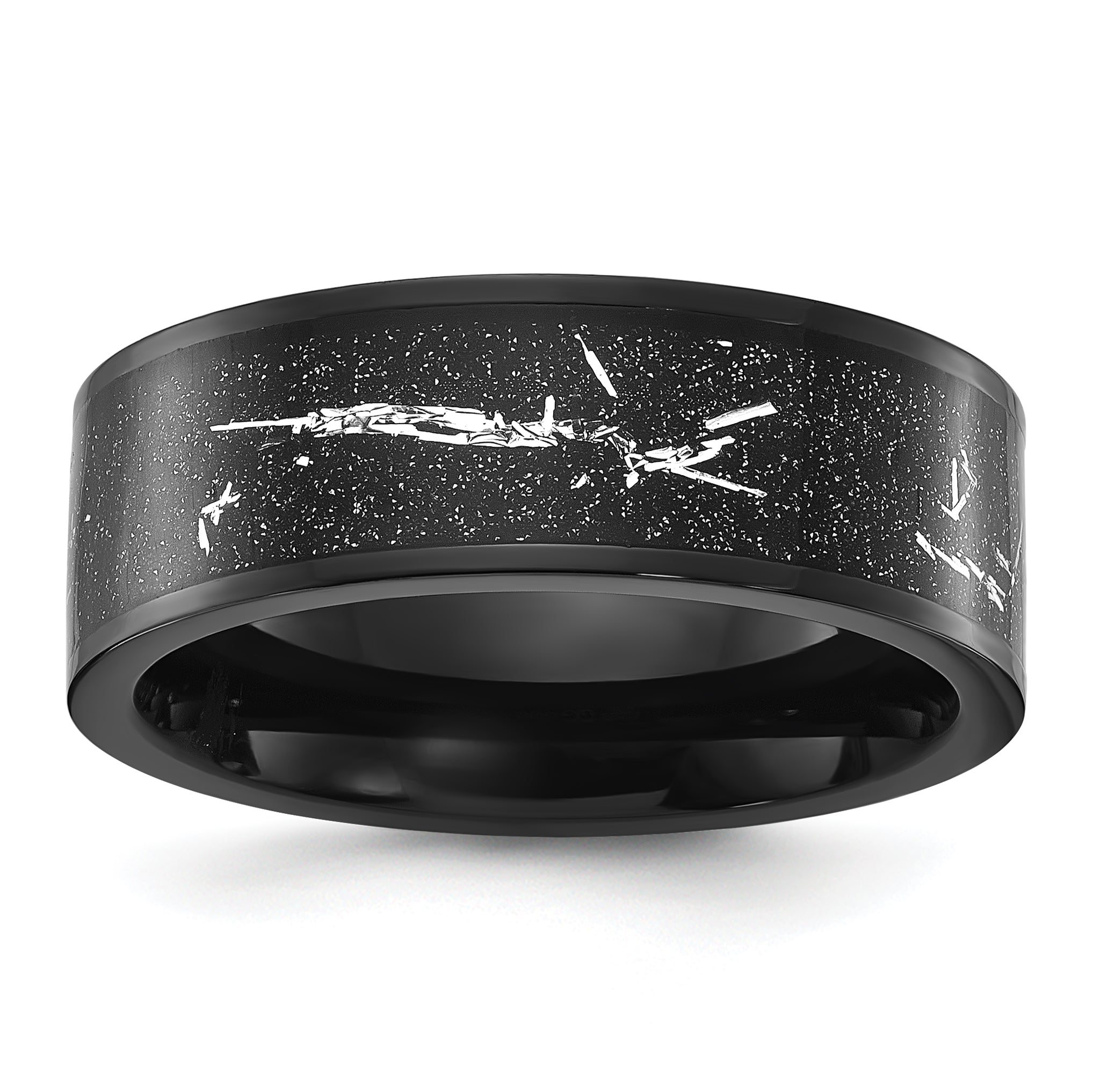 Chisel Stainless Steel Polished Black IP-plated Black and Silver Foil Inlay 8mm Band